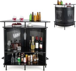 Gymax Home Bar Unit 4-Tier Bar Table With Metal Storage Shelves & Footrest in Black