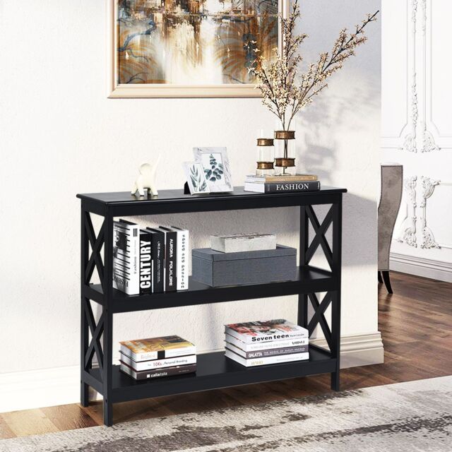 Costway 3-Tier Console Table X-design Wooden Hall Desk Side End Table W/ Shelf in Black - image 1
