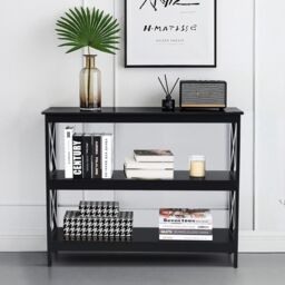 Costway 3-Tier Console Table X-design Wooden Hall Desk Side End Table W/ Shelf in Black - thumbnail 4