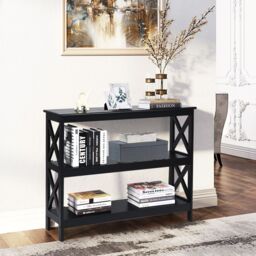 Costway 3-Tier Console Table X-design Wooden Hall Desk Side End Table W/ Shelf in Black