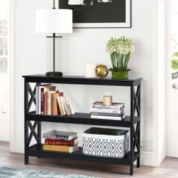 Costway 3-Tier Console Table X-design Wooden Hall Desk Side End Table W/ Shelf in Black - thumbnail 3