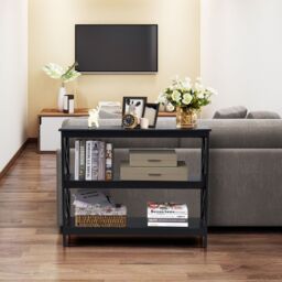 Costway 3-Tier Console Table X-design Wooden Hall Desk Side End Table W/ Shelf in Black - thumbnail 2