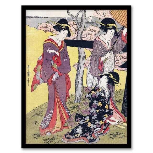 Artery8 Cherry Blossom Viewing Gotenyama Vintage Framed Wall Art Print Kitagawa in Purple - Size: A4 - image 1