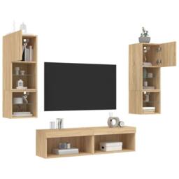 Berkfield Home Versatile 6 Piece TV Wall Units with LED Sonoma Oak Engineered Wood in Light Tan - thumbnail 4