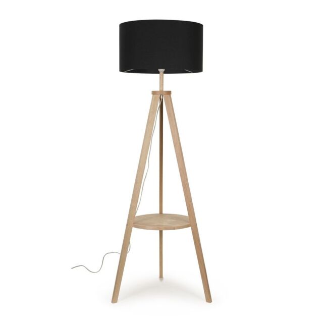 ValueLights Morrigan Natural Wood Tripod Floor Lamp with Fabric Drum Lamp Shade in Black - image 1