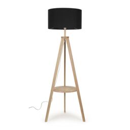 ValueLights Morrigan Natural Wood Tripod Floor Lamp with Fabric Drum Lamp Shade in Black - thumbnail 1