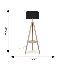 ValueLights Morrigan Natural Wood Tripod Floor Lamp with Fabric Drum Lamp Shade in Black - thumbnail 7