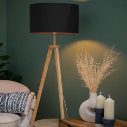ValueLights Morrigan Natural Wood Tripod Floor Lamp with Fabric Drum Lamp Shade in Black - thumbnail 2