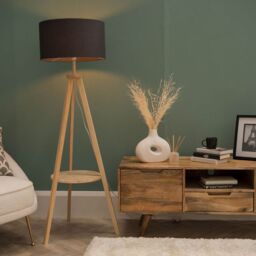 ValueLights Morrigan Natural Wood Tripod Floor Lamp with Fabric Drum Lamp Shade in Black - thumbnail 3