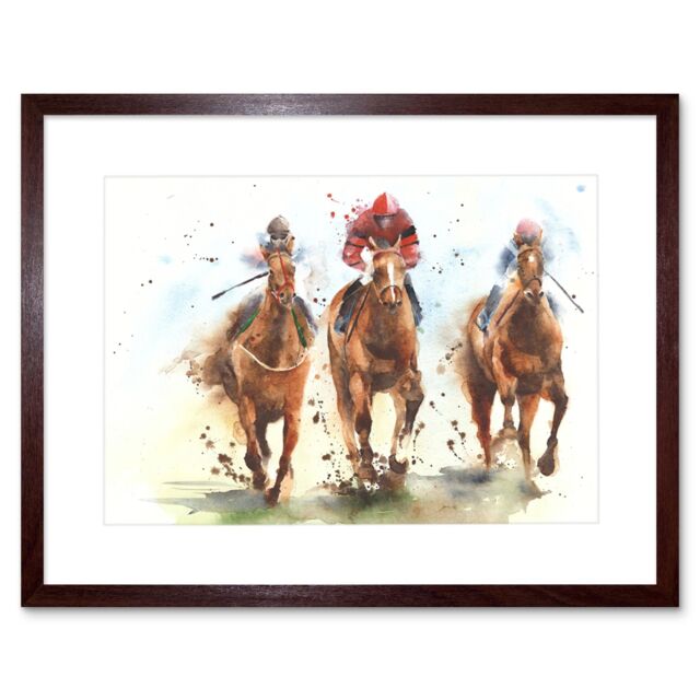 "Artery8 Wall Art Print Racing Horses Watercolour Art Framed 9x7 inch in Brown - Size: W7"" x H9""" - image 1