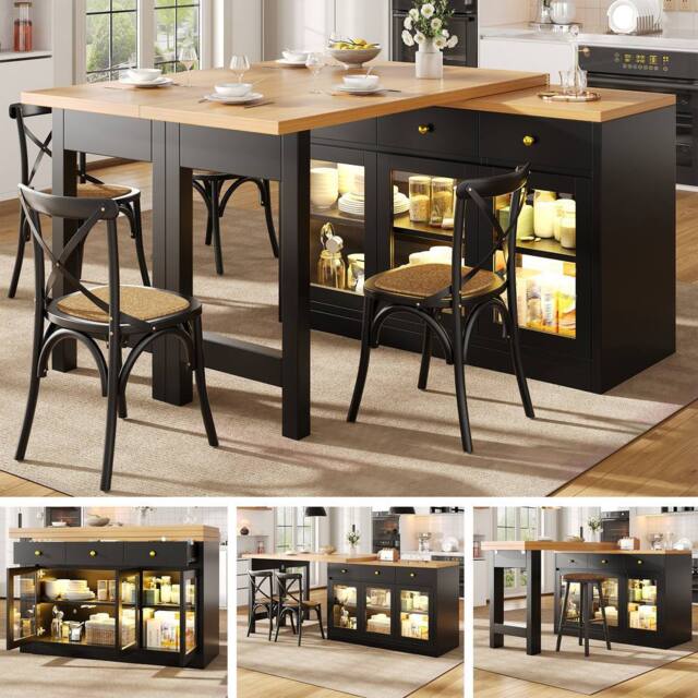 BTM Extendable Kitchen Island LED Dining Table with Storage & Drawers in Black - image 1