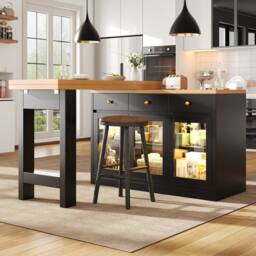BTM Extendable Kitchen Island LED Dining Table with Storage & Drawers in Black - thumbnail 3