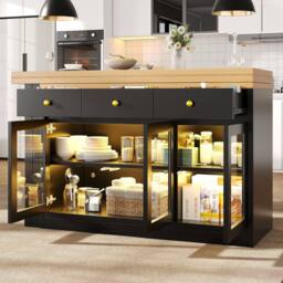 BTM Extendable Kitchen Island LED Dining Table with Storage & Drawers in Black - thumbnail 4