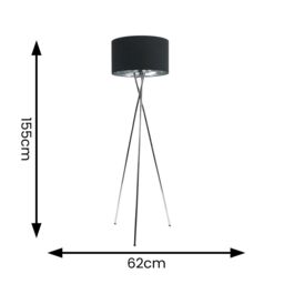 ValueLights Camden Chrome Tripod Floor Lamp with Metallic Chrome Drum Shade & Bulb in Black - thumbnail 4