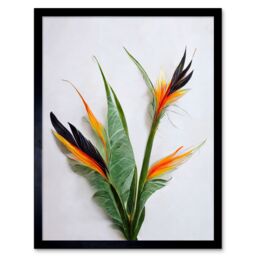 "Artery8 Wall Art Print Bird of Paradise Stem Leaves & Flowers Tropical Plant Botanical Art Framed in Black - Size: W12"" x H16""" - thumbnail 1
