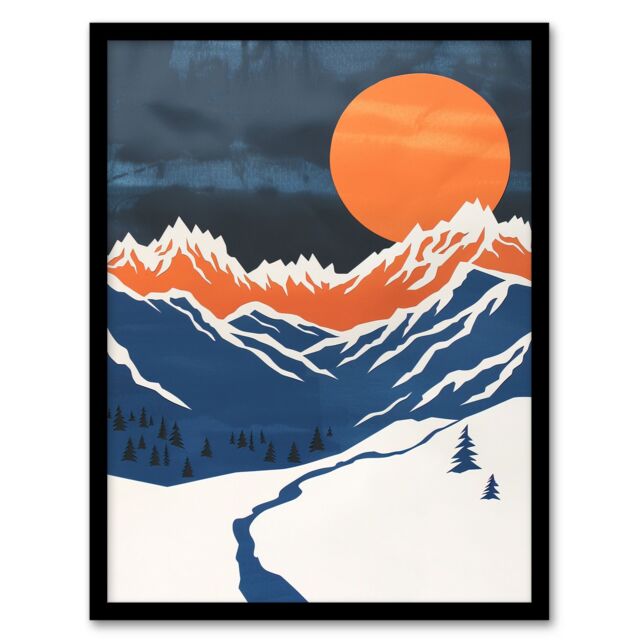 Artery8 Rocky Mountains Winter Landscape Modern Abstract Framed Art Print in Orange - Size: A4 - image 1