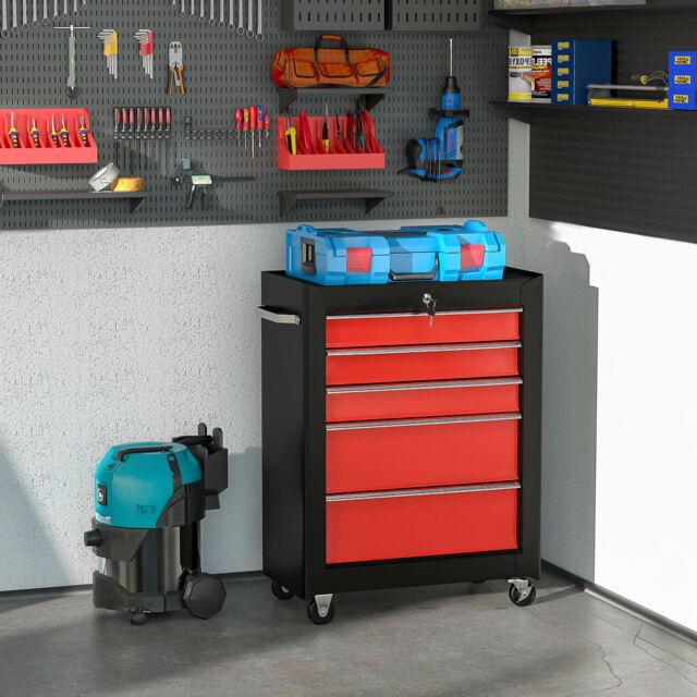 HOMCOM 5-Drawer Lockable Steel Tool Storage Cabinet Wheels Handle 2 Keys in Red - image 1