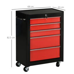 HOMCOM 5-Drawer Lockable Steel Tool Storage Cabinet Wheels Handle 2 Keys in Red - thumbnail 3