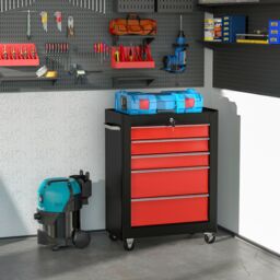 HOMCOM 5-Drawer Lockable Steel Tool Storage Cabinet Wheels Handle 2 Keys in Red - thumbnail 1