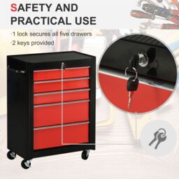 HOMCOM 5-Drawer Lockable Steel Tool Storage Cabinet Wheels Handle 2 Keys in Red - thumbnail 4