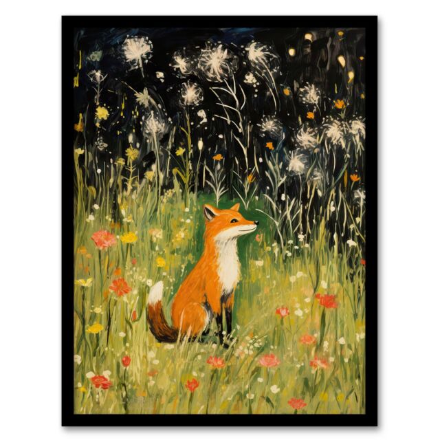 Artery8 Fox In Wildflower Meadow Acrylic Painting Spring Evening Among Flowers Art Print Framed Poster Wall Decor in Black - Size: A4 - image 1