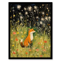 Artery8 Fox In Wildflower Meadow Acrylic Painting Spring Evening Among Flowers Art Print Framed Poster Wall Decor in Black - Size: A4 - thumbnail 1