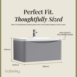 Balterley Wall Hung 1 Drawer Bathroom Vanity Unit & Basin, Satin Grey, 755mm in Grey - thumbnail 5