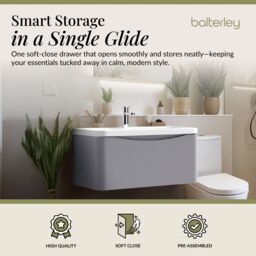 Balterley Wall Hung 1 Drawer Bathroom Vanity Unit & Basin, Satin Grey, 755mm in Grey - thumbnail 2