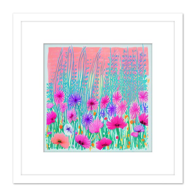 Artery8 Abstract Floral Meadow Flowers Pink Turquoise Colourful Painting Square Wooden Framed Wall Art Print Picture 8X8 Inch in White - image 1