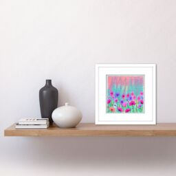 Artery8 Abstract Floral Meadow Flowers Pink Turquoise Colourful Painting Square Wooden Framed Wall Art Print Picture 8X8 Inch in White - thumbnail 2