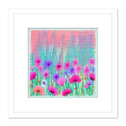 Artery8 Abstract Floral Meadow Flowers Pink Turquoise Colourful Painting Square Wooden Framed Wall Art Print Picture 8X8 Inch in White - thumbnail 1