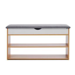 KORVIXA Natural Shoe Bench Shoe Storage Rack 3 Tier Wooden Shoe Cabinet - Size: 100 cm