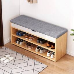 KORVIXA Natural Shoe Bench Shoe Storage Rack 3 Tier Wooden Shoe Cabinet - Size: 100 cm - thumbnail 3