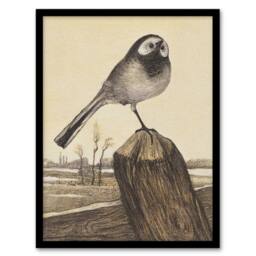 Artery8 Wagtail Bird Perched on Pole Vintage Framed Wall Art Print van Hoytema in Brown - Size: A4 - thumbnail 1