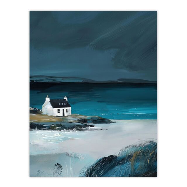 "Artery8 Scottish Cottage on Coast Timeless Oil Painting Wall Art Print in Blue - Size: W24"" x H32""" - image 1