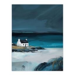 "Artery8 Scottish Cottage on Coast Timeless Oil Painting Wall Art Print in Blue - Size: W24"" x H32""" - thumbnail 1