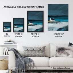 "Artery8 Scottish Cottage on Coast Timeless Oil Painting Wall Art Print in Blue - Size: W24"" x H32""" - thumbnail 3