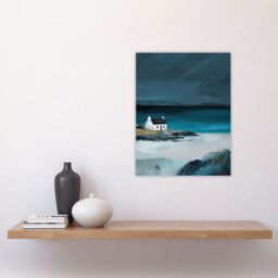 "Artery8 Scottish Cottage on Coast Timeless Oil Painting Wall Art Print in Blue - Size: W24"" x H32""" - thumbnail 4