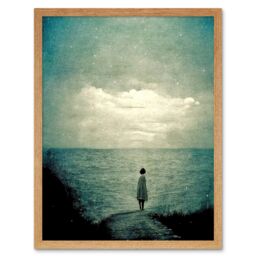 "Artery8 Wall Art Print Looking Out To Sea Dreamscape Lone Woman Dusk Calm Elegant Panting Art Framed in Light Oak - Size: W12"" x H16""" - thumbnail 1
