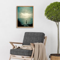 "Artery8 Wall Art Print Looking Out To Sea Dreamscape Lone Woman Dusk Calm Elegant Panting Art Framed in Light Oak - Size: W12"" x H16""" - thumbnail 2