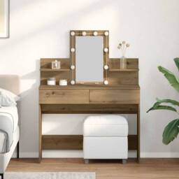 Berkfield Home Dressing Table with LED Artisan Oak 100x40x130 cm in Brown - Size: 100 x 40 x 130 cm - thumbnail 2