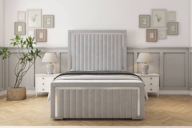 "Sloomy Boston Chrome Plush Bed Frame With 50"" Upholstered Headboard in Silver - Size: Double" - image 1