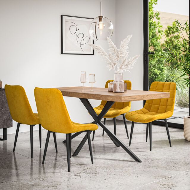 More4Homes Donni Dining Table & Chairs - Oak Effect Table Top w Black Legs + Nova Velvet Dining Chair Set Of 4 in Mustard - image 1
