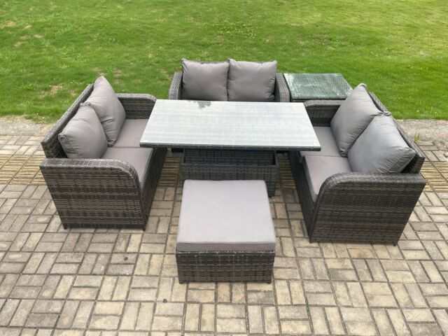 Fimous Rattan Garden Outdoor Furniture 3 PC Love Sofa Set Patio Adjustable Rising lifting Dining Table With Side Table Big Footstool in Dark Grey - image 1