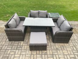 Fimous Rattan Garden Outdoor Furniture 3 PC Love Sofa Set Patio Adjustable Rising lifting Dining Table With Side Table Big Footstool in Dark Grey - thumbnail 2