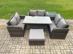Fimous Rattan Garden Outdoor Furniture 3 PC Love Sofa Set Patio Adjustable Rising lifting Dining Table With Side Table Big Footstool in Dark Grey - thumbnail 1