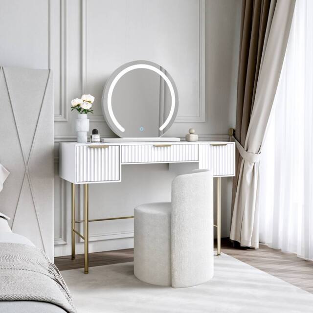CARME HOME Lara Dressing Table with Elsie LED Mirror- White & Lottie Bouclé Stool - image 1