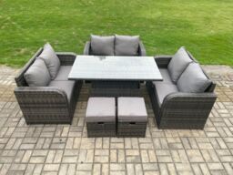 Fimous Rattan Garden Outdoor Furniture 3 PC Love Sofa Set Patio Adjustable Rising lifting Dining Table With 2 Small Footstools in Dark Grey - thumbnail 1