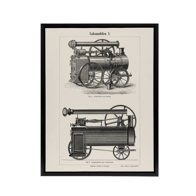 "Artery8 Lokomobilen Locomotive Steam Train Engine Framed Canvas Wall Art in White - Size: W12"" x H16""" - image 1