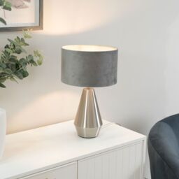 ValueLights Jax Brushed Chrome Dimmable Touch Table Lamp with Velvet Drum Shade in Grey